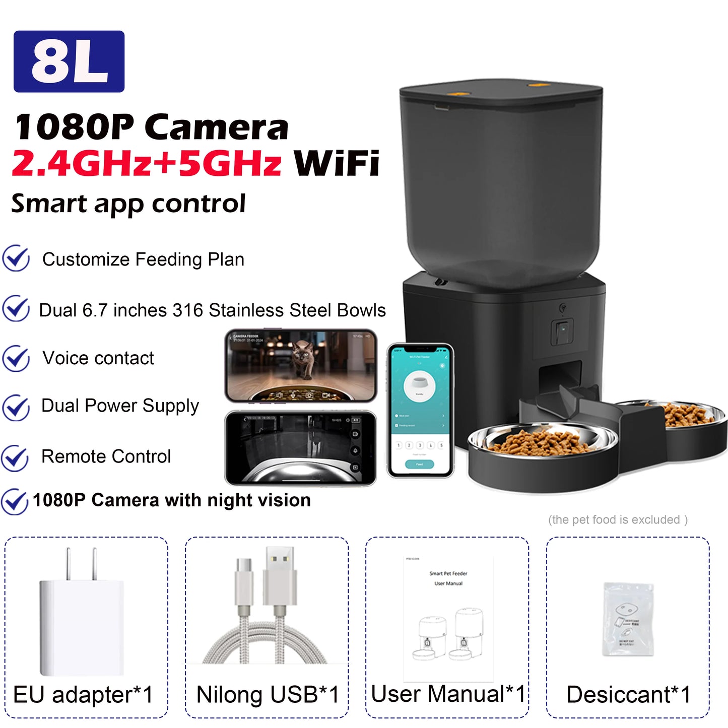 Comedero automático para perros y gatos de 8 litros con cámara de vídeo 1080p y WiFi 5G. Administra las comidas de tu mascota.