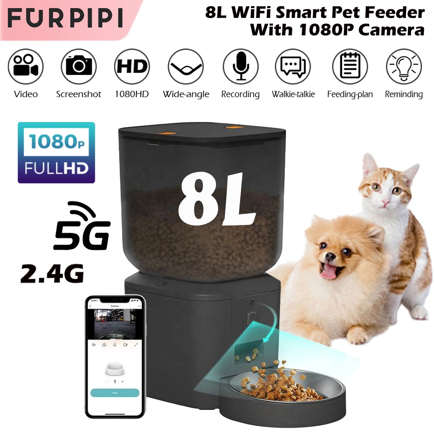 Comedero automático para perros y gatos de 8 litros con cámara de vídeo 1080p y WiFi 5G. Administra las comidas de tu mascota.