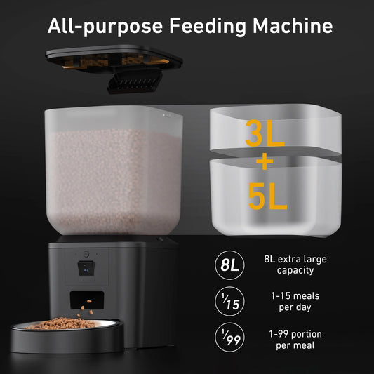 Comedero automático para perros y gatos de 8 litros con cámara de vídeo 1080p y WiFi 5G. Administra las comidas de tu mascota.
