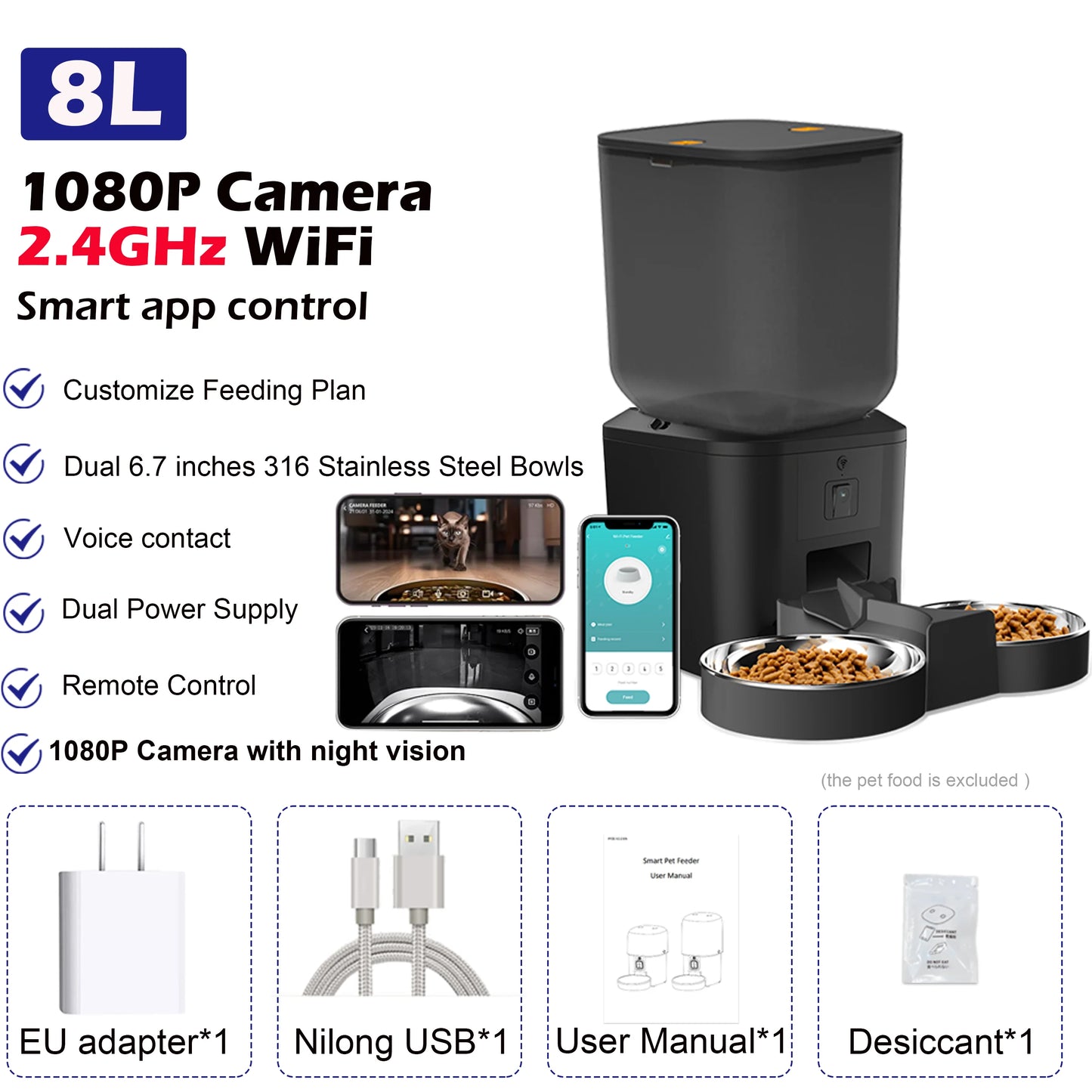 Comedero automático para perros y gatos de 8 litros con cámara de vídeo 1080p y WiFi 5G. Administra las comidas de tu mascota.