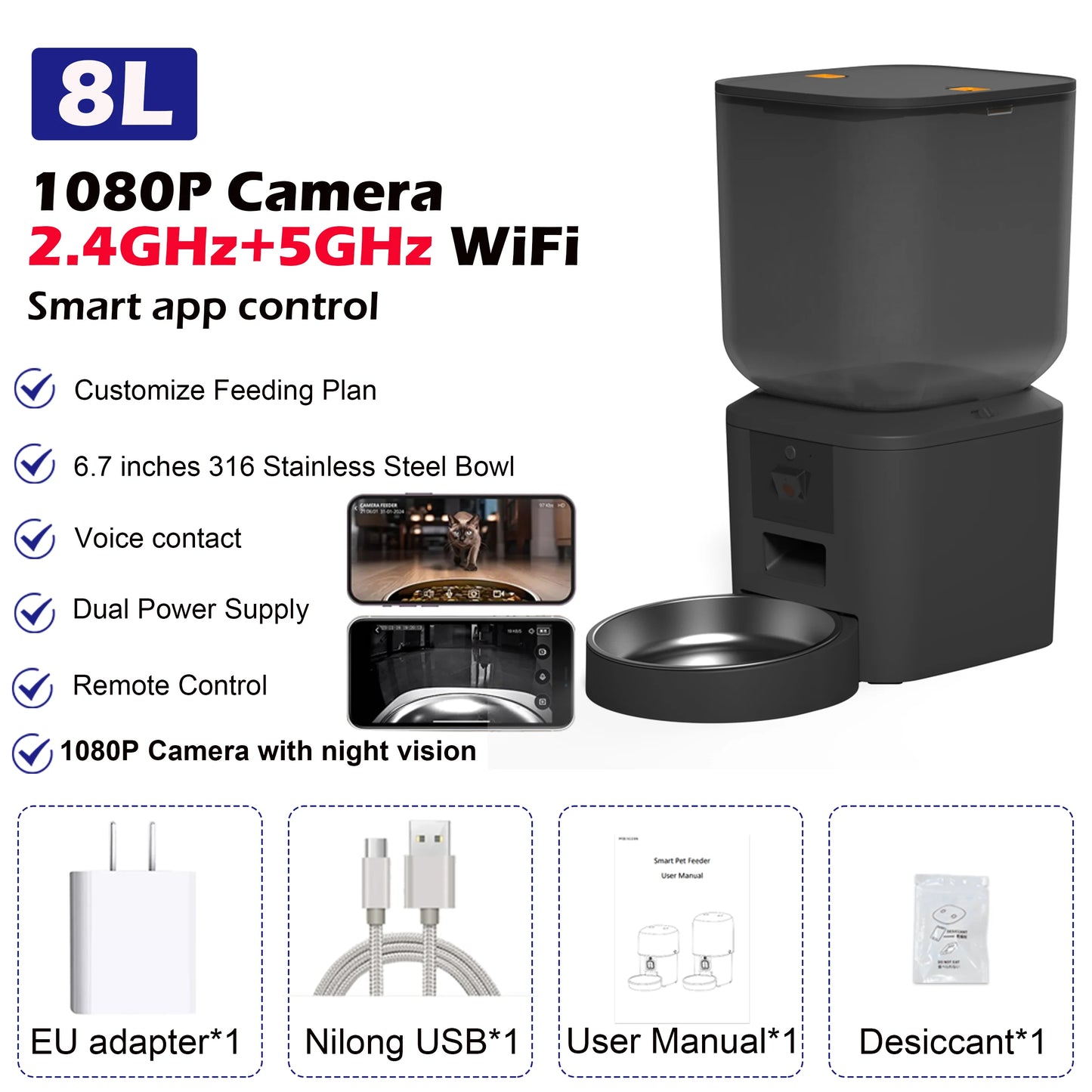 Comedero automático para perros y gatos de 8 litros con cámara de vídeo 1080p y WiFi 5G. Administra las comidas de tu mascota.