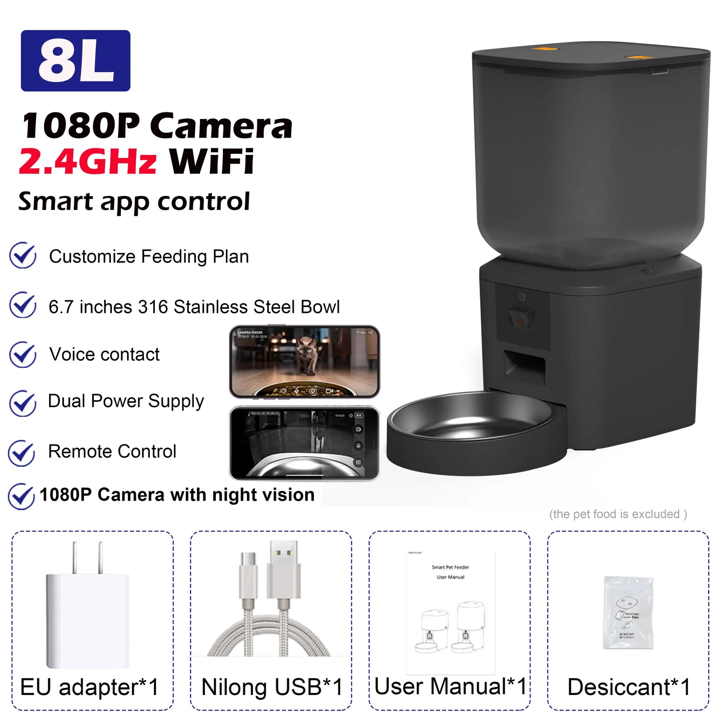Comedero automático para perros y gatos de 8 litros con cámara de vídeo 1080p y WiFi 5G. Administra las comidas de tu mascota.